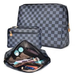 Checkered Makeup Bag;  2Pcs Travel Cosmetic Bags;  Portable Toiletry Organizer for Women;  Lightweight and Waterproof Leather Toiletries Bag for Girl (Color: Blue)