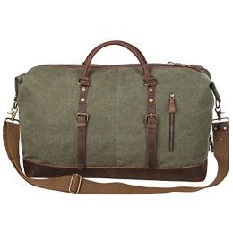 S-ZONE Duffle Bag for Travel 60L Canvas Duffel Bag Carry on Genuine Leather Overnight Weekender Bag for Men (Color: Army Green)