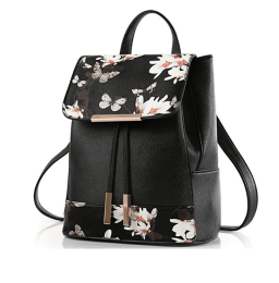 Shoulder Bag Rucksack PU Leather Backpack Travel (Color: Flower Black, size: M)