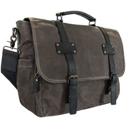 Canvas Messenger Bag for Men;  Laptop Case;  Satchel | Office Professionals;  Students;  Travel | Waxed Canvas;  Genuine Leather;  Smoked Metal Hardwa (Color: Charcoal)